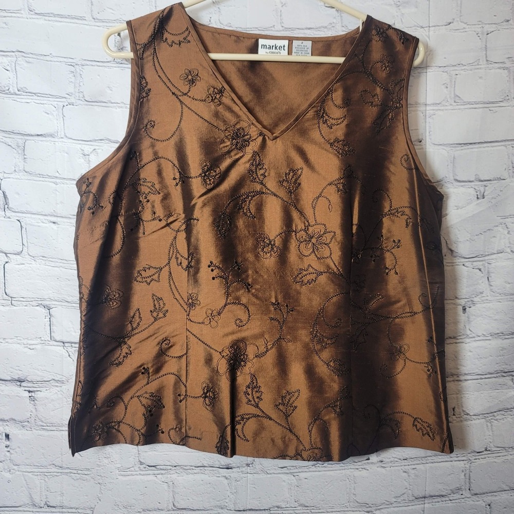 Market By Chicos Tank Top Womens 2 Brown Silk Embroidered V Neck Camisole Classy